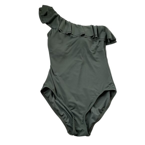 Carmen Marc Valco One Piece Swimsuit Sz 10 Green Ruffled Boho Asymmetric Beach - Picture 1 of 8